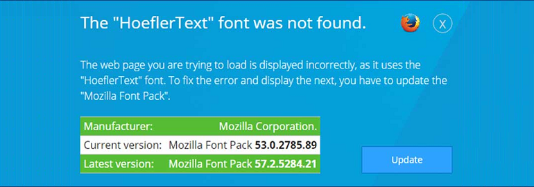 Обложка: Атака HoeflerText, предлагающая «обновить» пакет шрифтов, перебралась с Chrome на Firefox