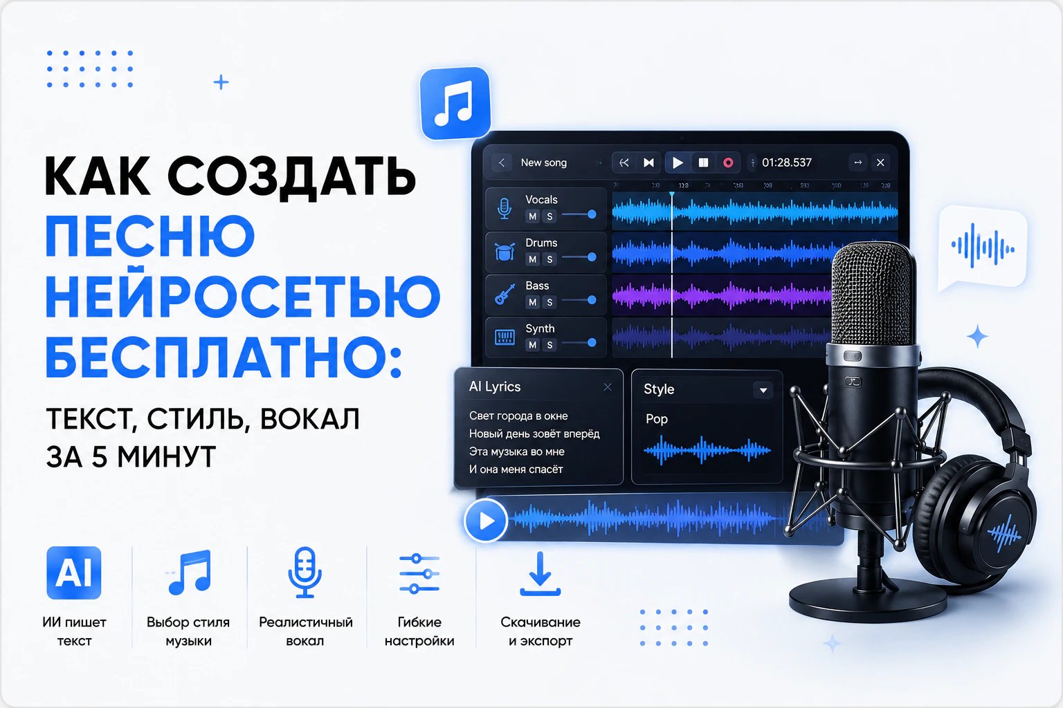 Обложка: Как создать песню нейросетью бесплатно: текст, стиль, вокал за 5 минут