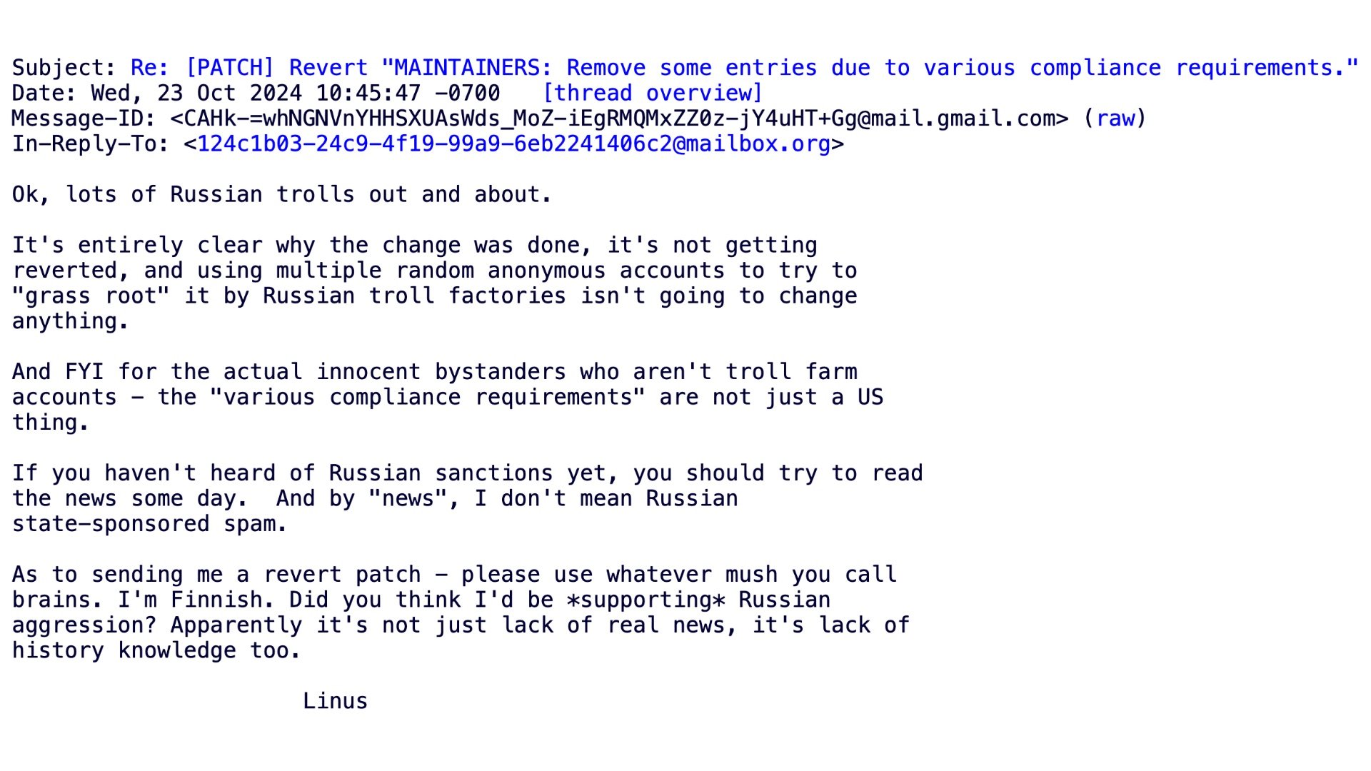 🔥 11 россиян удалили из исходников Linux, а Линус Торвальдс поддержал решение. Что известно о ситуации прямо сейчас?_9