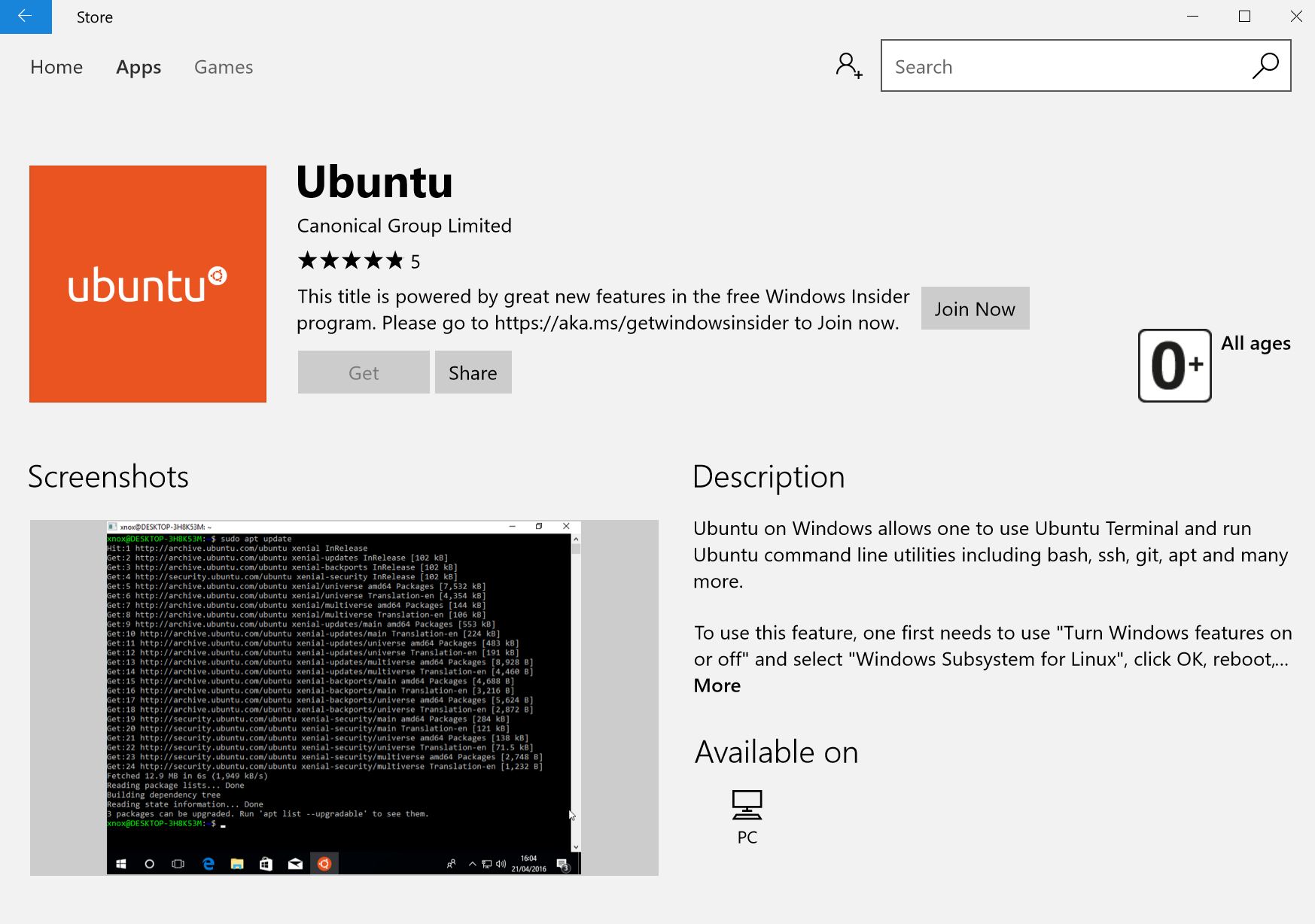 Ubuntu доступна для скачивания через Windows Store в рамках программы Windows Insider 1