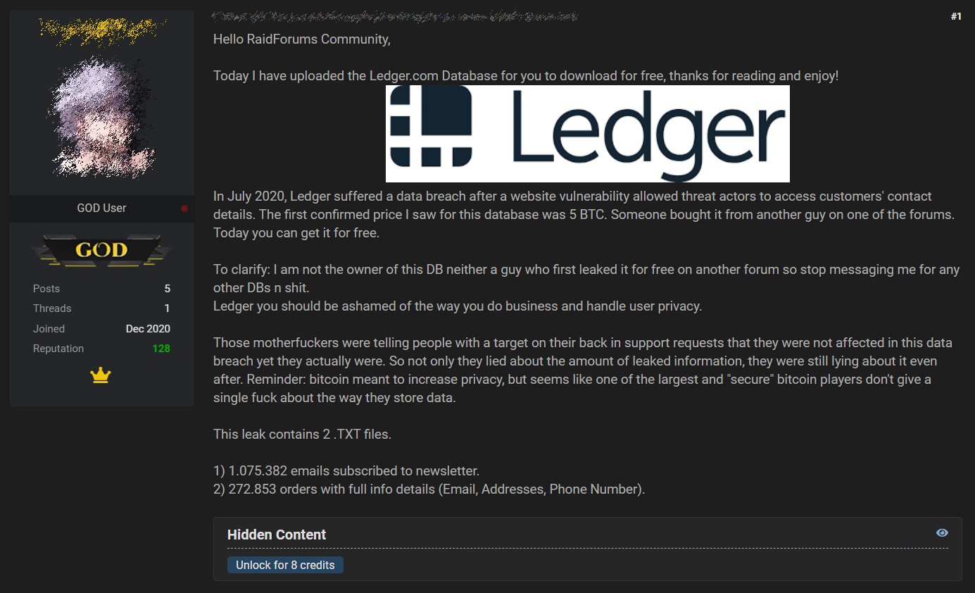 В открытый доступ «слили» данные более 270 тысяч пользователей криптокошелька Ledger 1