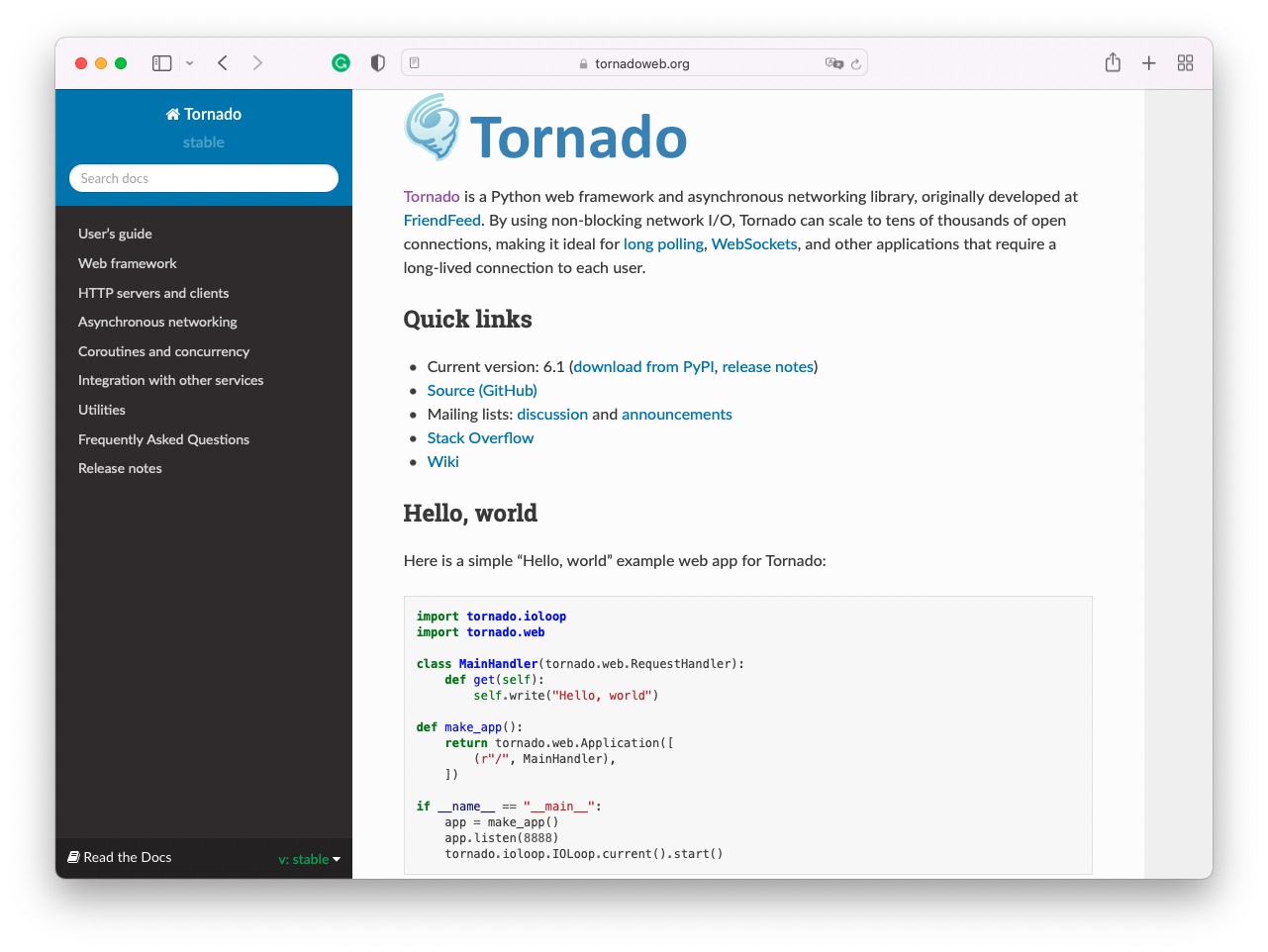 Фреймворк по веб-разработке Python Tornado