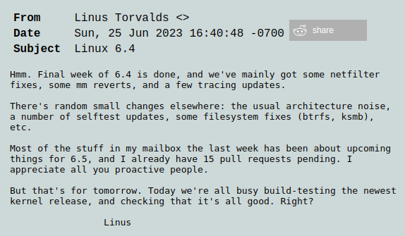 Вышел релиз Linux 6.4 1
