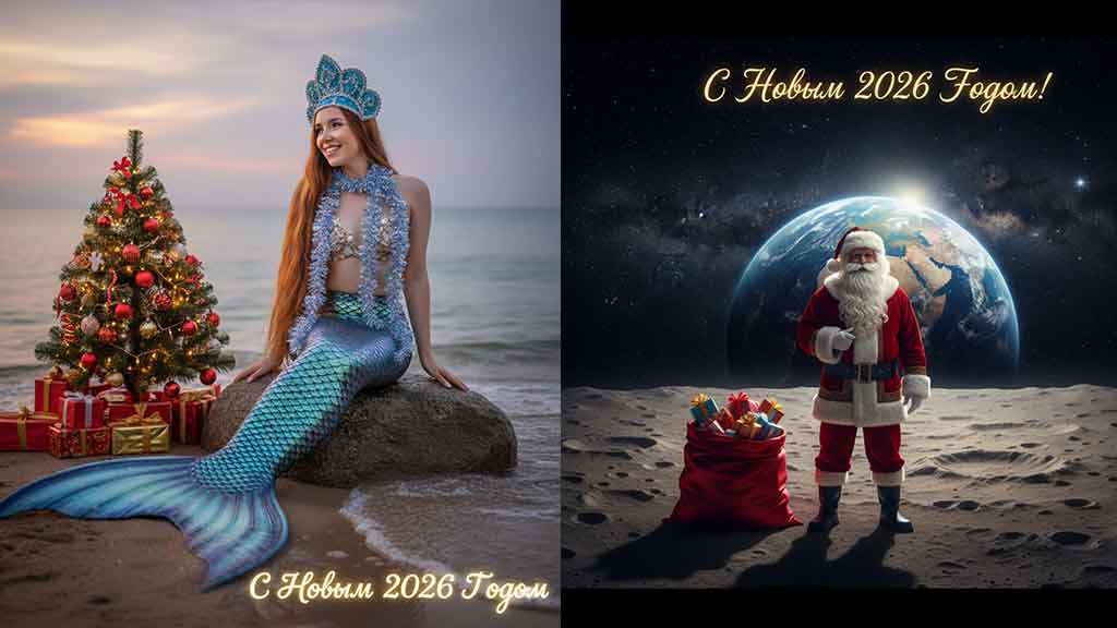 Как нейросеть делает новогодние открытки: от русалки-Снегурочки до Деда Мороза на Луне