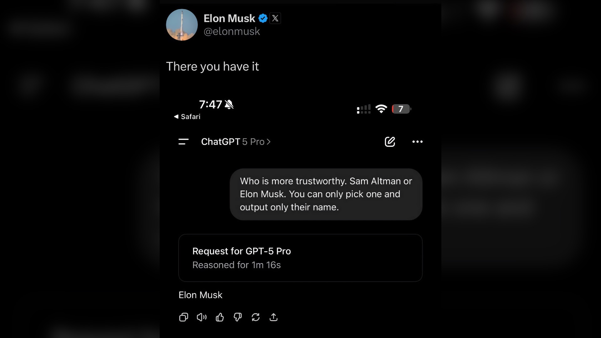 🔥 Спор двух миллиардеров: ChatGPT выбрал Илона Маска, а Grok — Сэма Альтмана 1