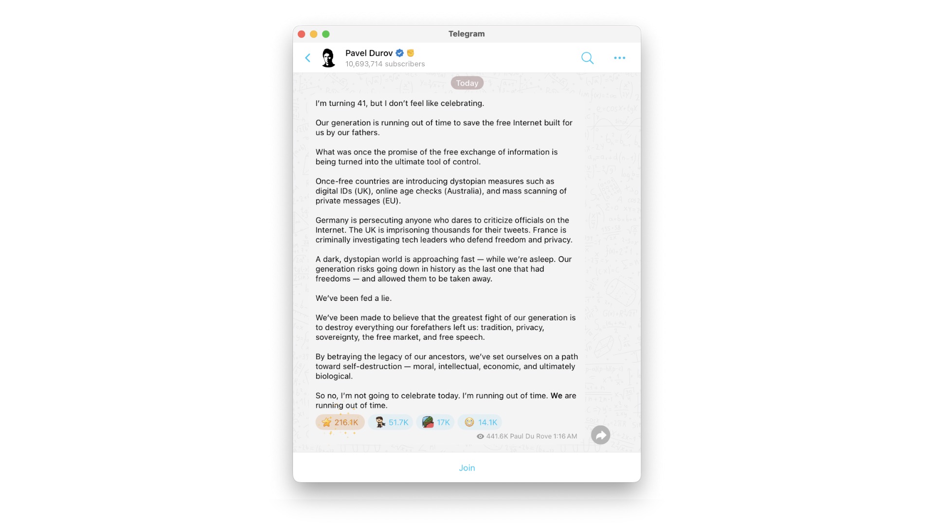 Павел Дуров отказался отмечать 41-летие, обвинив Запад в онлайн-слежке и цензуре 1