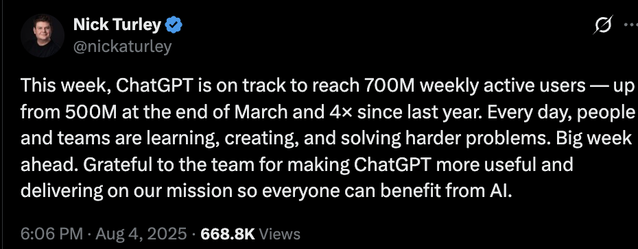 ChatGPT на взлёте: OpenAI готовится преодолеть отметку в 700 млн пользователей в неделю 1